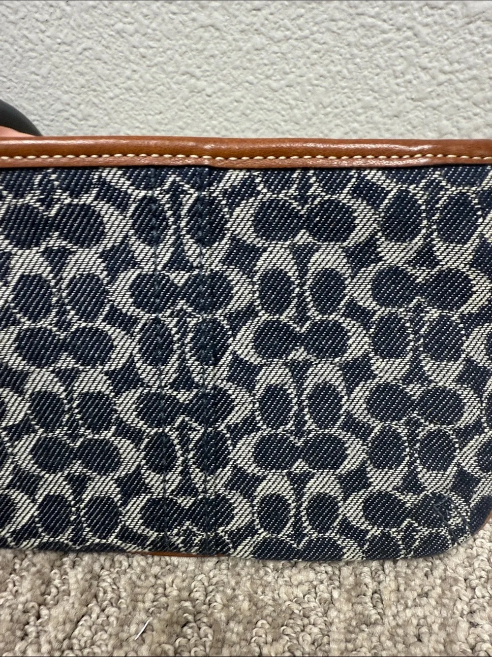 Vintage Coach Signature Blue Bleeker Tattersall and Brown Leather Wristlet
